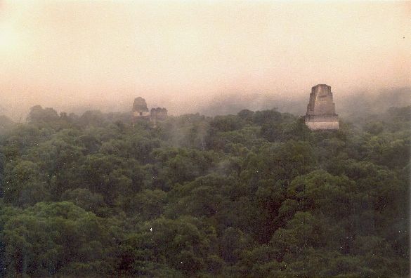 Tikal, temples I, II et III vus depuis le temple IV